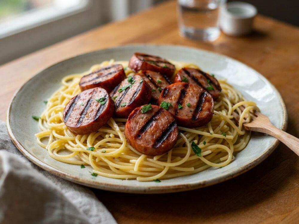 gotowe danie spaghetti z parówkami