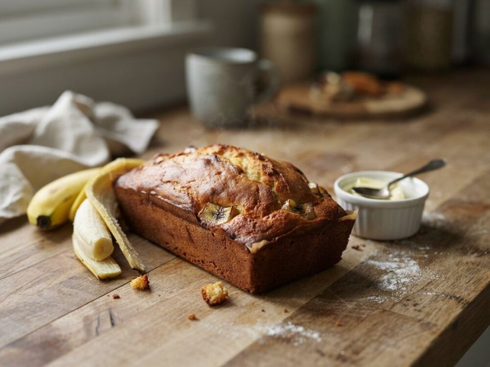 gotowy chlebek bananowy na talerzu