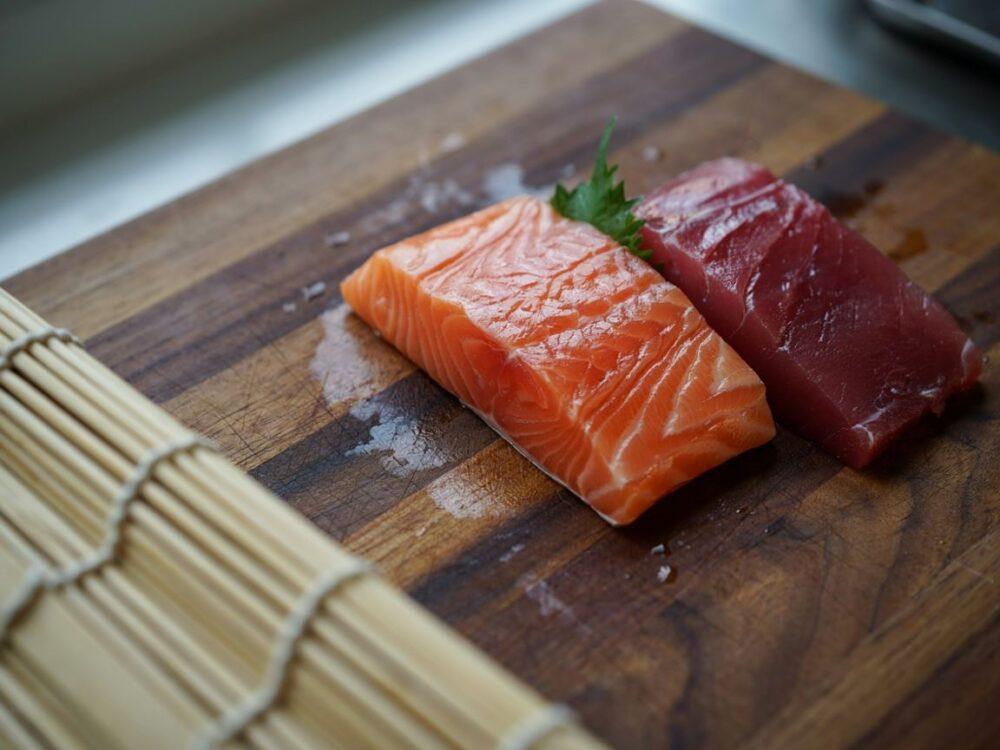 kawałki ryb na talerzu sushi