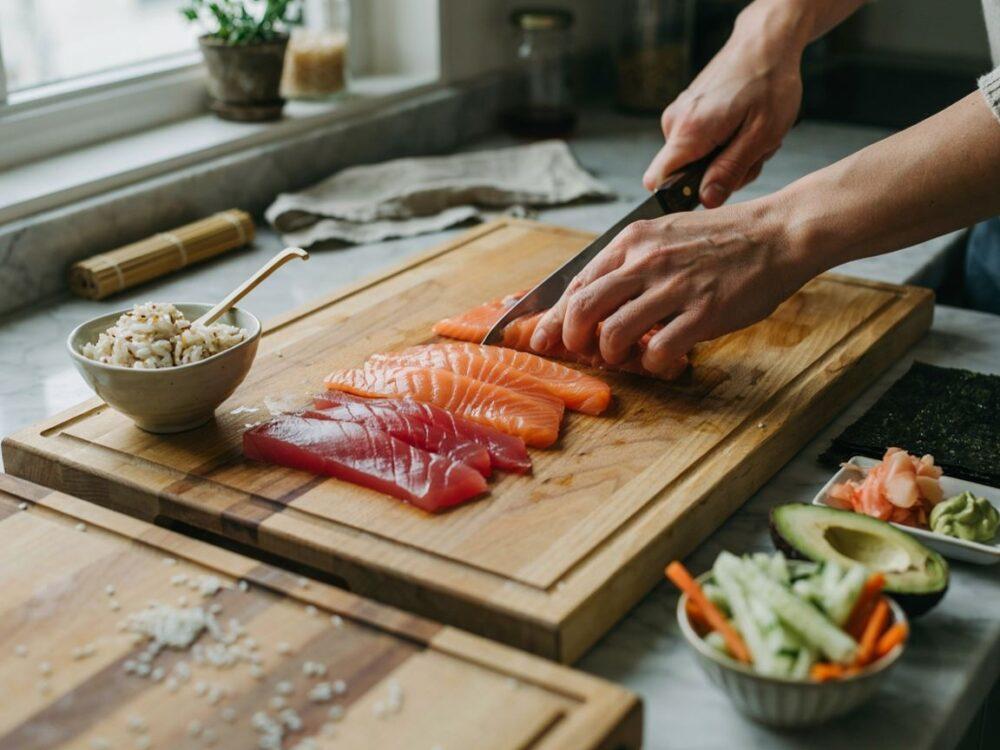 krojenie świeżej ryby do sushi