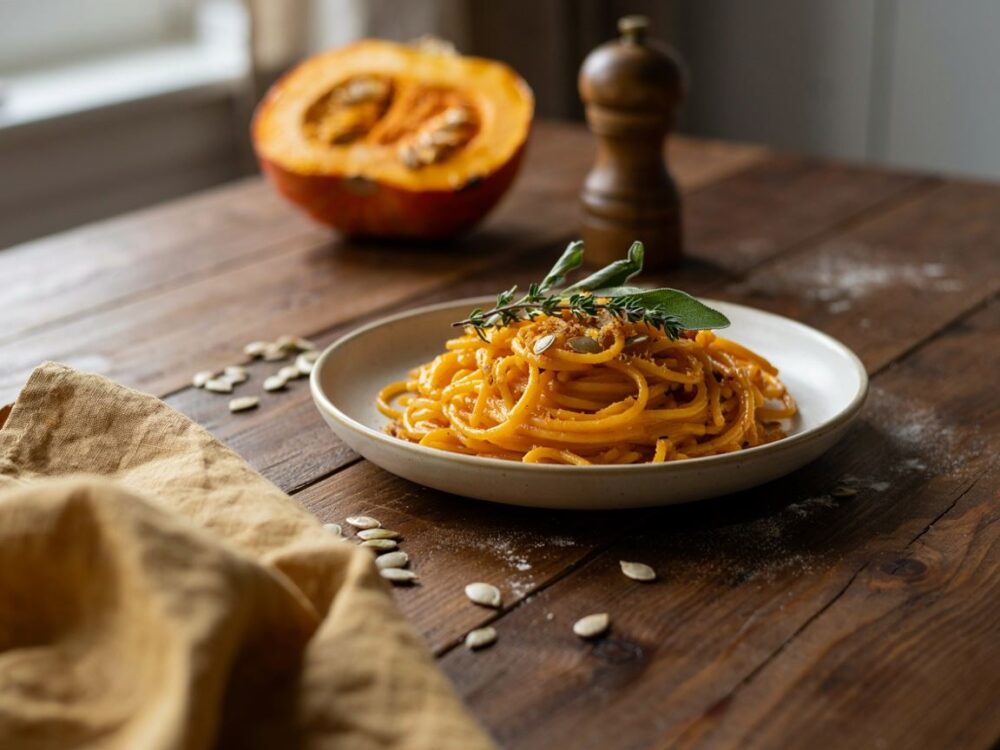 spaghetti z dyni na talerzu