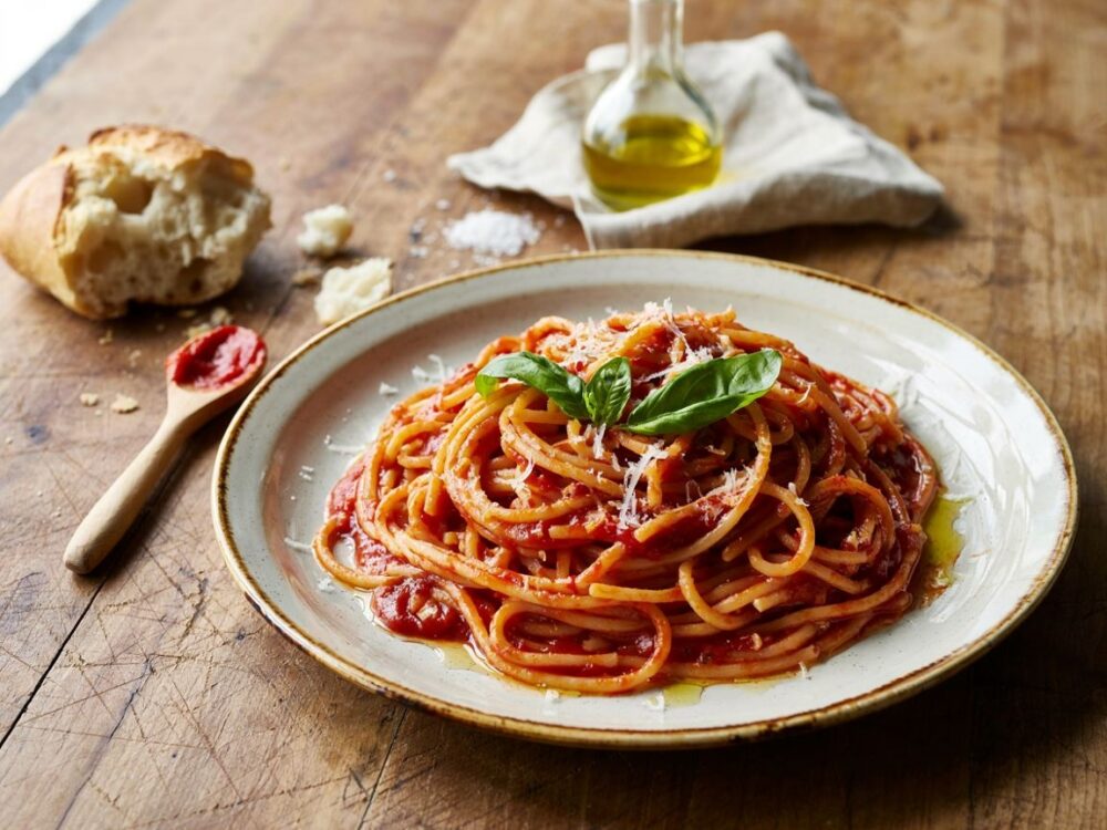 spaghetti z sosem pomidorowym