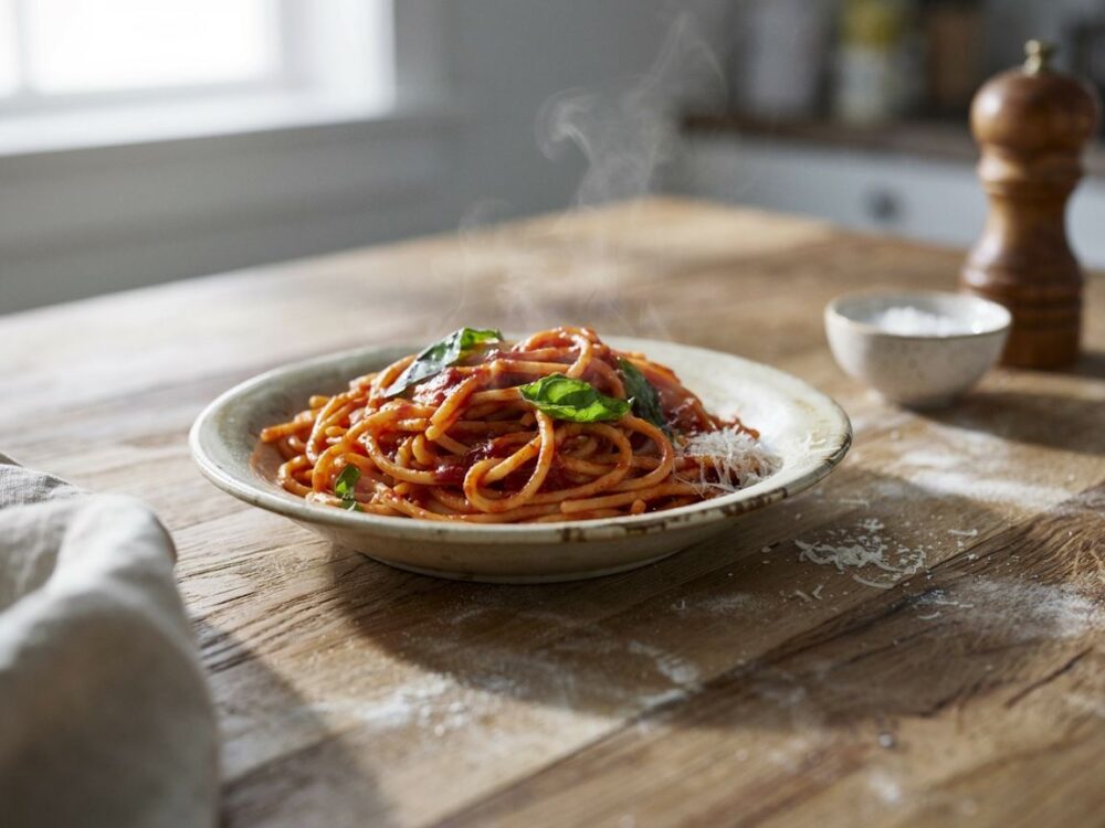 talerz spaghetti z pomidorami