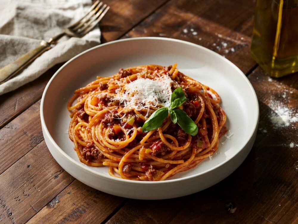 talerz z klasycznym spaghetti bolognese