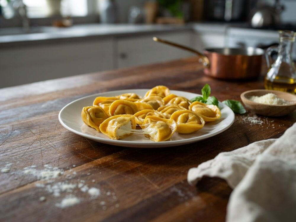 tortellini z serem na talerzu